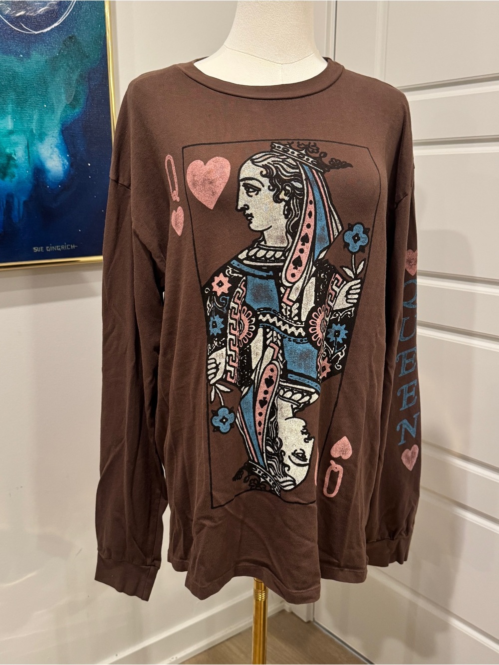 Daydreamer Brown Queen Playing Card Long Sleeve Tee with Blue & Pink Accents
